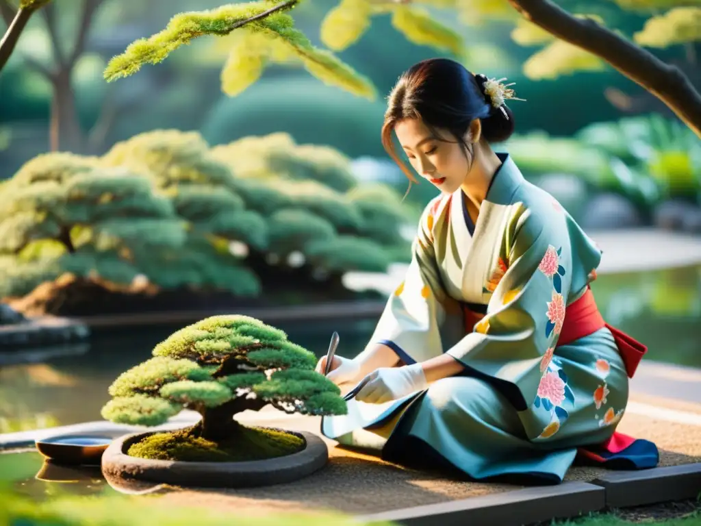 Mujer en la sociedad samurái cuida con esmero un jardín japonés, podando bonsáis bajo el suave sol, creando una atmósfera serena y armoniosa