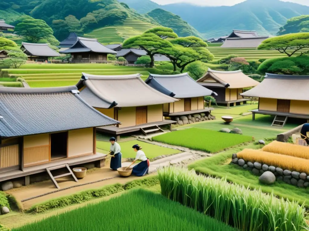 Mujeres en actividades diarias en una aldea japonesa feudal, destacando las dinámicas sociales en Japón feudal