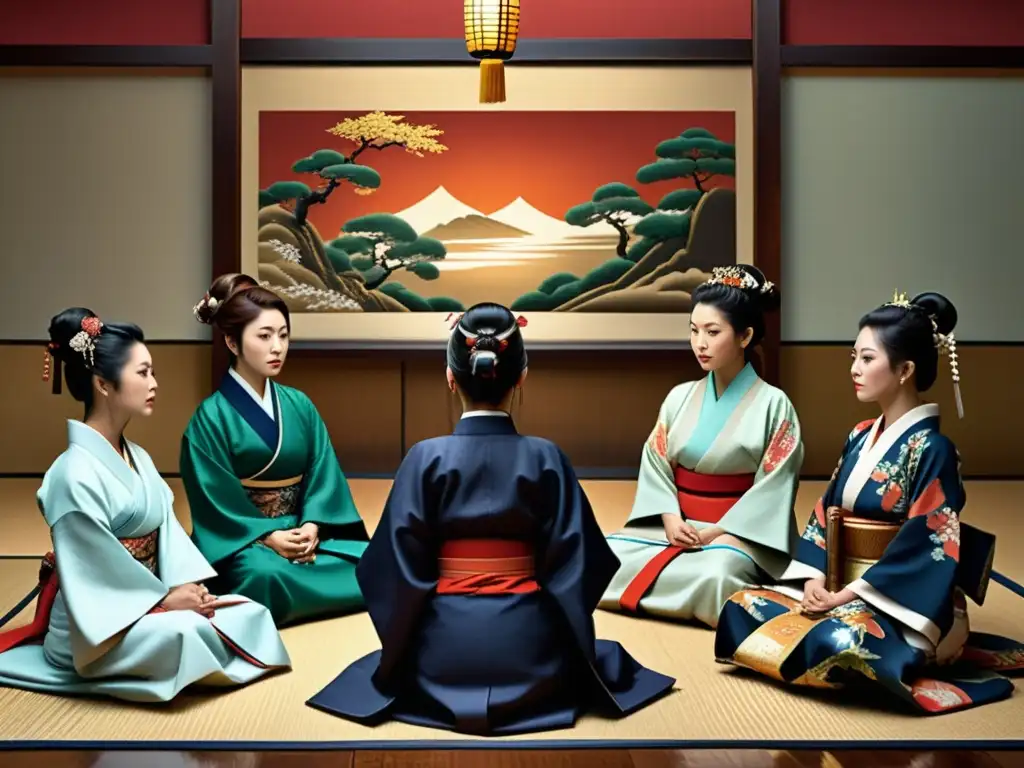 Mujeres samurái estrategizando y negociando alianzas, rodeadas de kimonos y artefactos históricos, transmitiendo influencia en la sociedad samurái