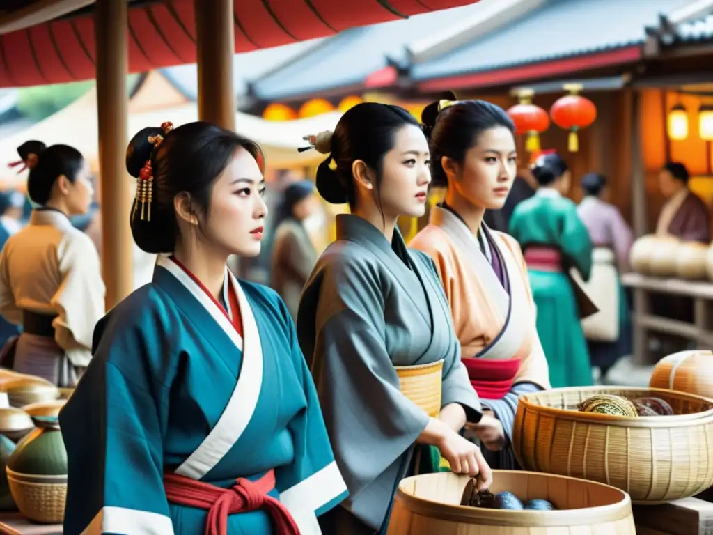 Mujeres samurái comerciantes negociando en un bullicioso mercado de Japón feudal, demostrando la participación de mujeres en el comercio samurái