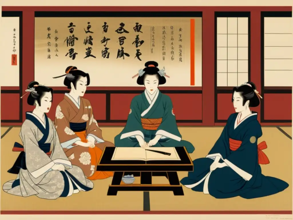Mujeres escritoras en la era samurái: grupo de mujeres en atuendo samurái, concentradas en una animada discusión con pinceles y pergamino