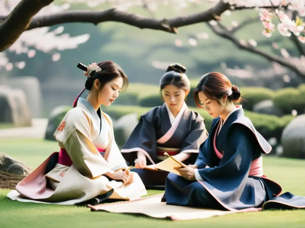 Mujeres escritoras en la era samurái: Grupo de mujeres en vestimenta samurái, concentradas en escribir bajo los cerezos en flor