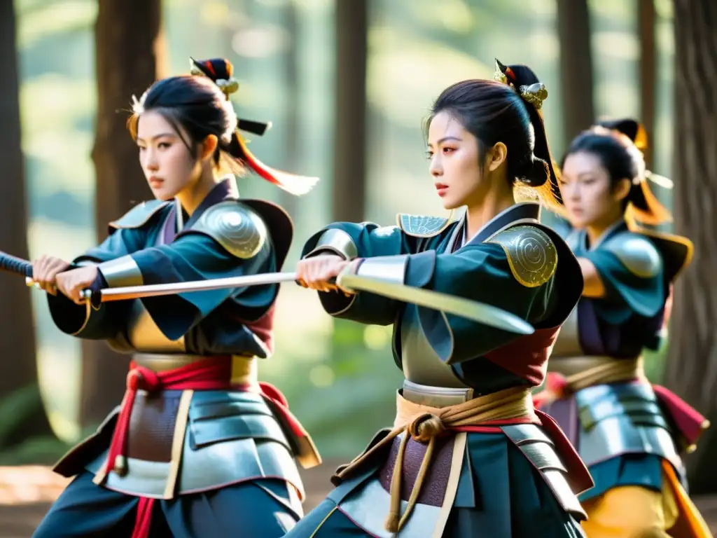 Mujeres guerreras del naginatajutsu practicando con determinación en un bosque sereno, con armaduras y naginatas imponentes