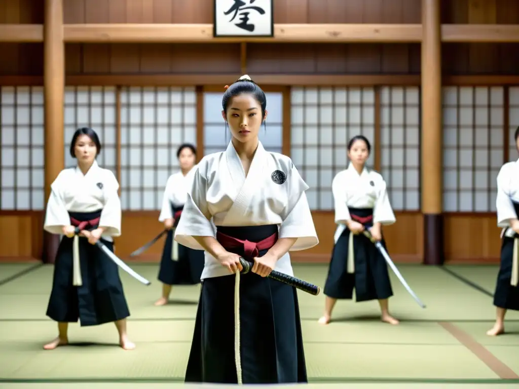 Mujeres guerreras del naginatajutsu entrenando con determinación en un dojo tradicional japonés