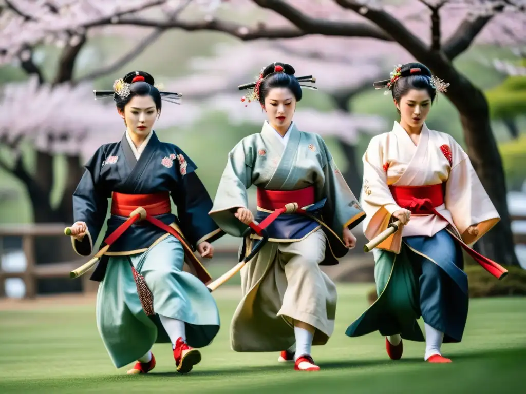 Mujeres guerreras del naginatajutsu en acción, destacando su gracia y fuerza entre los cerezos en flor