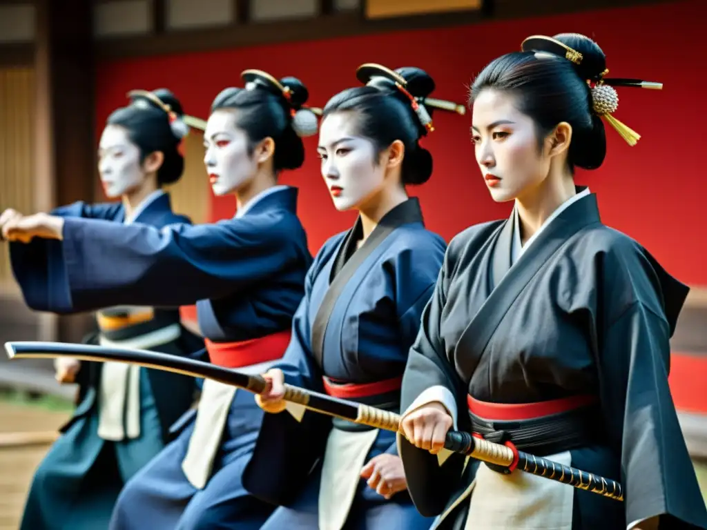 Mujeres guerreras del naginatajutsu entrenando con intensa concentración en un dojo japonés, mostrando fuerza y disciplina