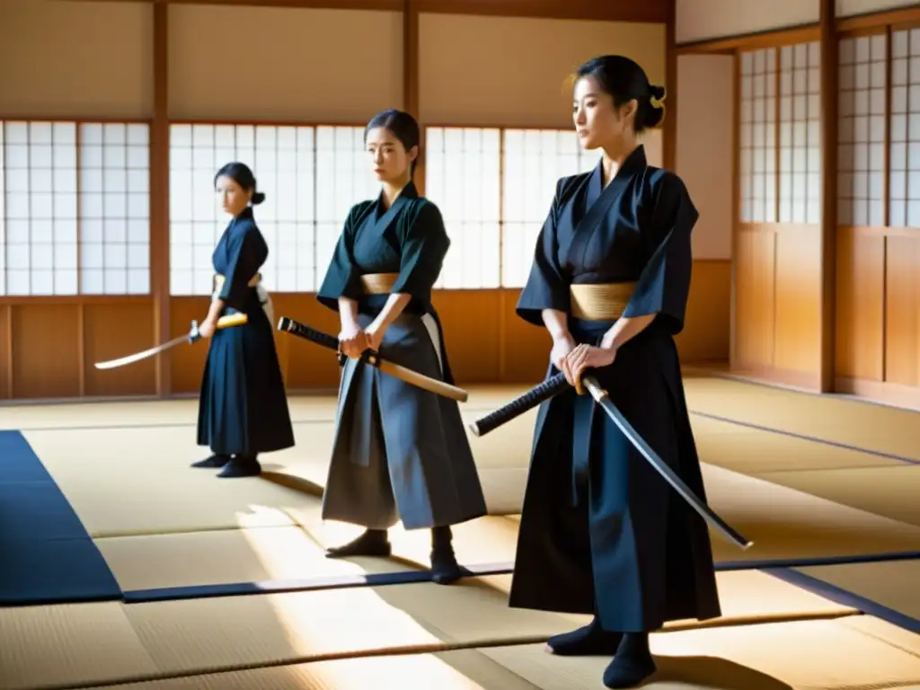 Mujeres en el Iaido practicando con determinación en un dojo sereno, con hakama y keikogi tradicionales