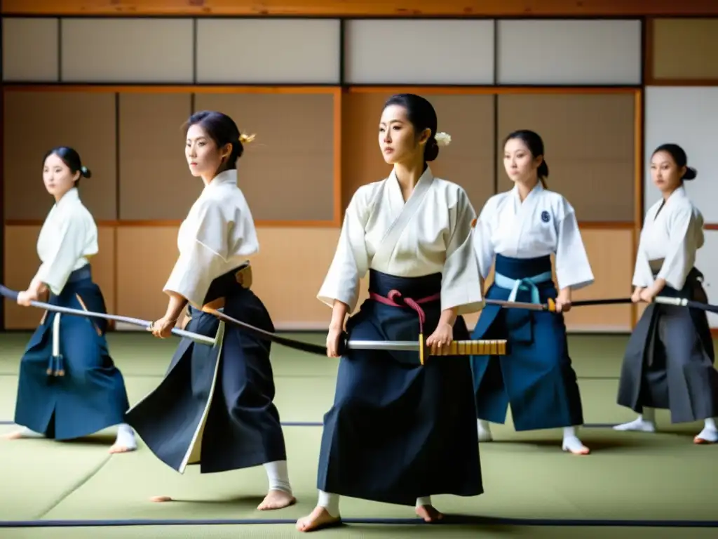 Mujeres en el Iaido practicando con determinación en un dojo tradicional, mostrando maestría y solidaridad