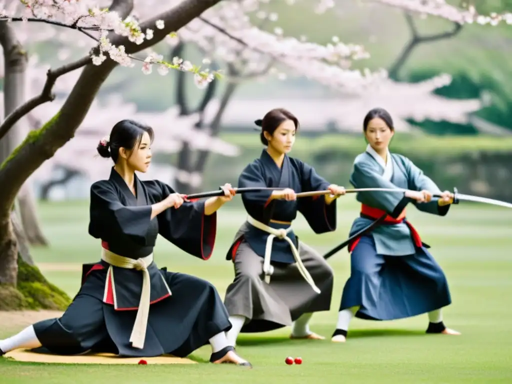 Mujeres en el Iaido practicando con gracia y determinación bajo los cerezos en flor, irradiando fuerza y habilidad