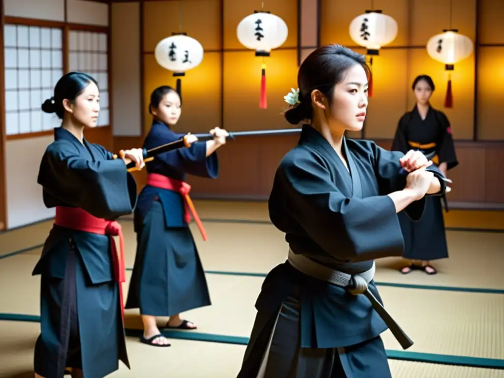 Mujeres en el Iaido: Instructoras liderando con gracia y determinación una clase de espada en un dojo atmosférico iluminado por faroles de papel