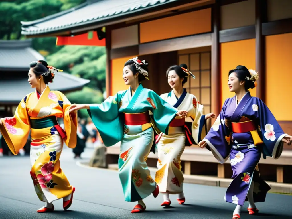 Mujeres japonesas en kimonos coloridos realizando danza con naginatas, destacando la gracia del Naginatajutsu en ceremonias japonesas