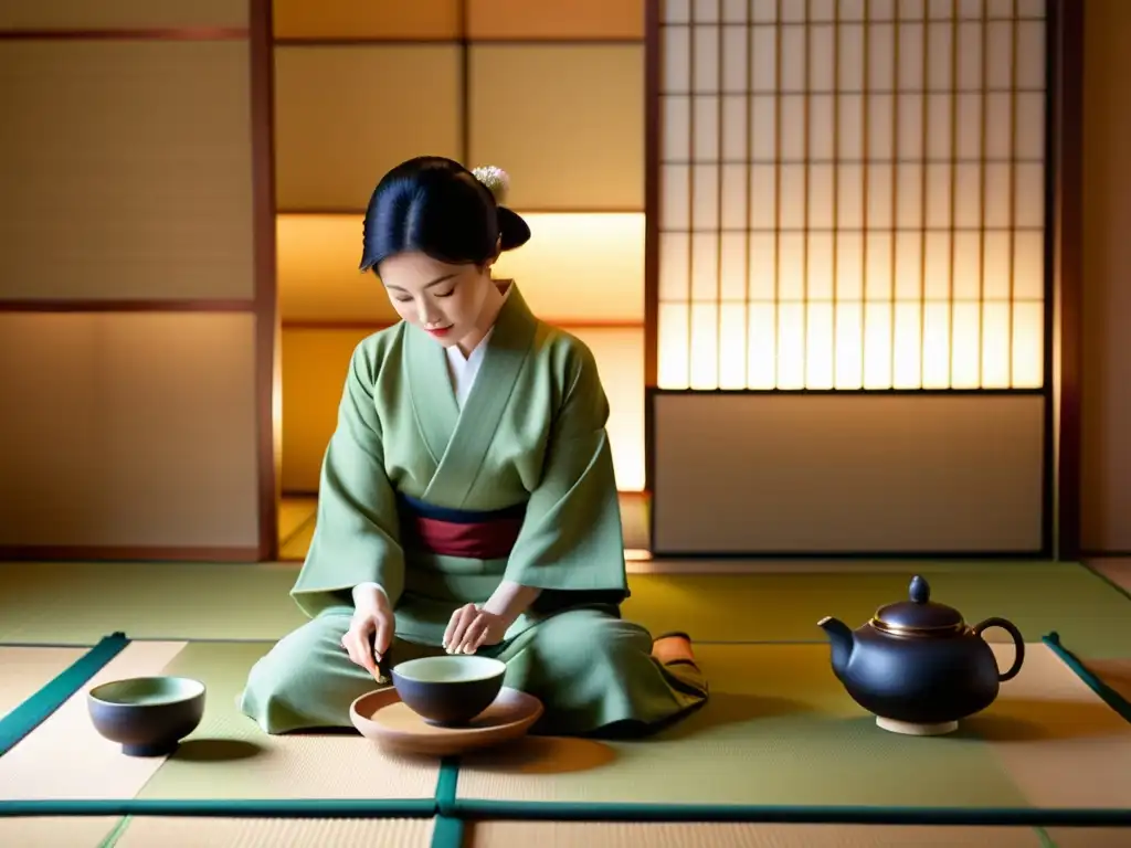 Mujeres japonesas realizan una serena ceremonia del té en una elegante habitación de tatami, reflejando la influencia femenina en esta tradición