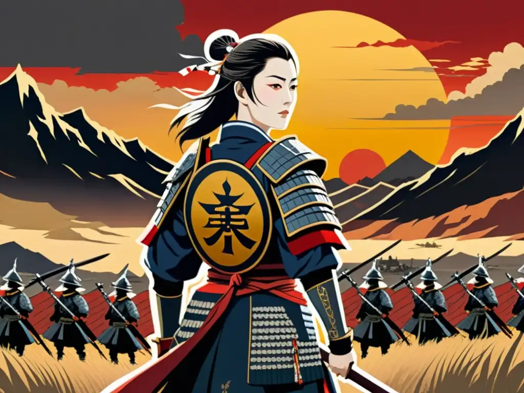 Tomoe Gozen, valentía de mujeres legendarias samurái en el campo de batalla al atardecer