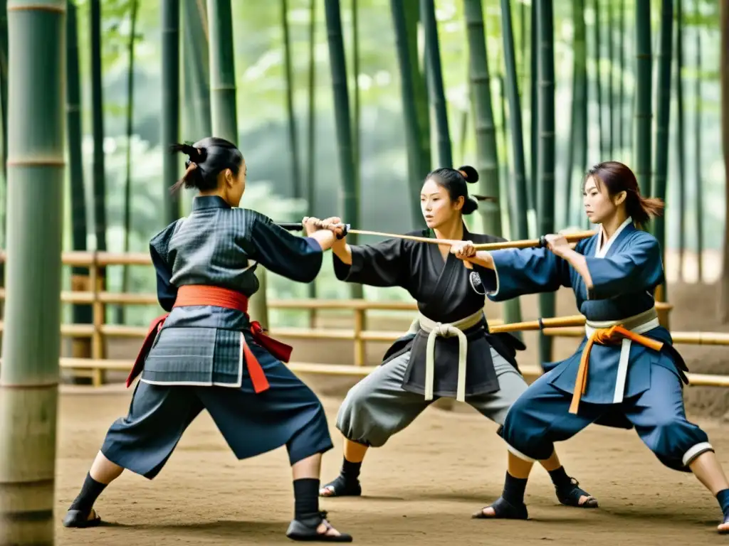 Samuráis mujeres entrenando en bosque de bambú Mujeres samuráis practican movimientos precisos en un bosque de bambú, exudando fuerza y determinación en su entrenamiento