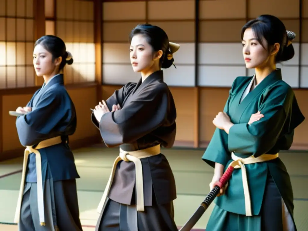 Mujeres en el Naginatajutsu practican con determinación en un dojo japonés lleno de luz natural y arte tradicional