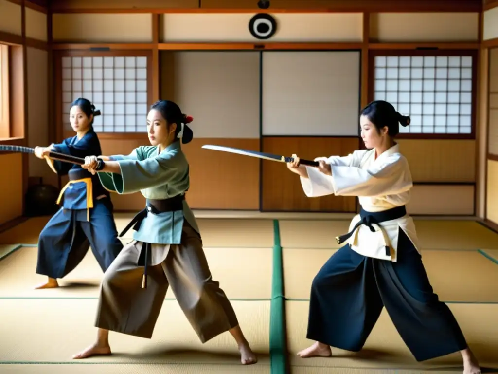 Mujeres practicando naginatajutsu en un dojo tradicional, demostrando fuerza, dedicación y comunidad en el mundo del naginatajutsu