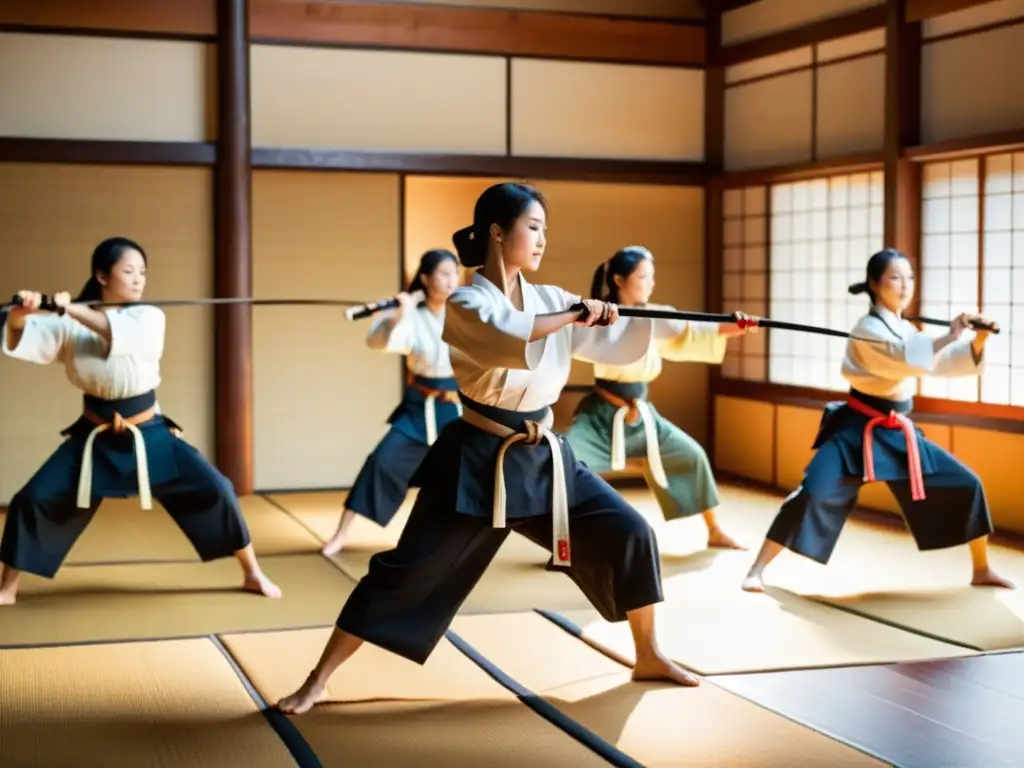 Mujeres en el Naginatajutsu practicando con gracia y determinación en un dojo tradicional, guiadas por una sensei orgullosa