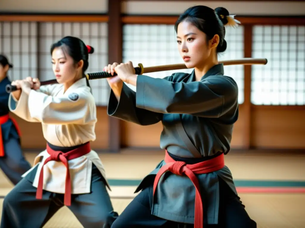 Mujeres en el Naginatajutsu: Imagen de fuerza y determinación en un dojo tradicional, practicando con precisión y pasión