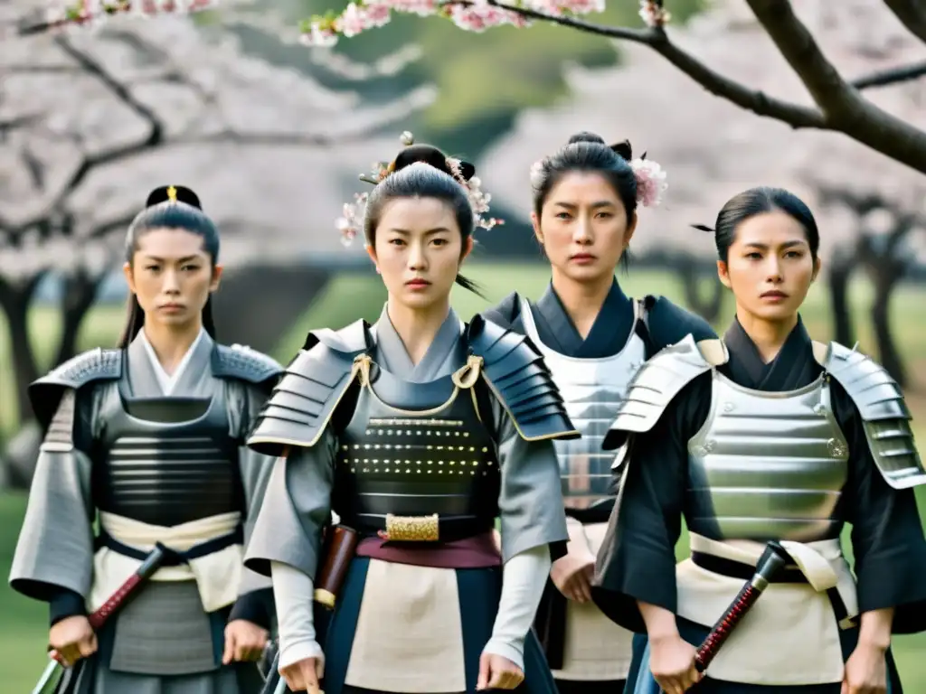 Mujeres samurái desafían roles en armadura, con flores de cerezo de fondo, expresan determinación y fuerza