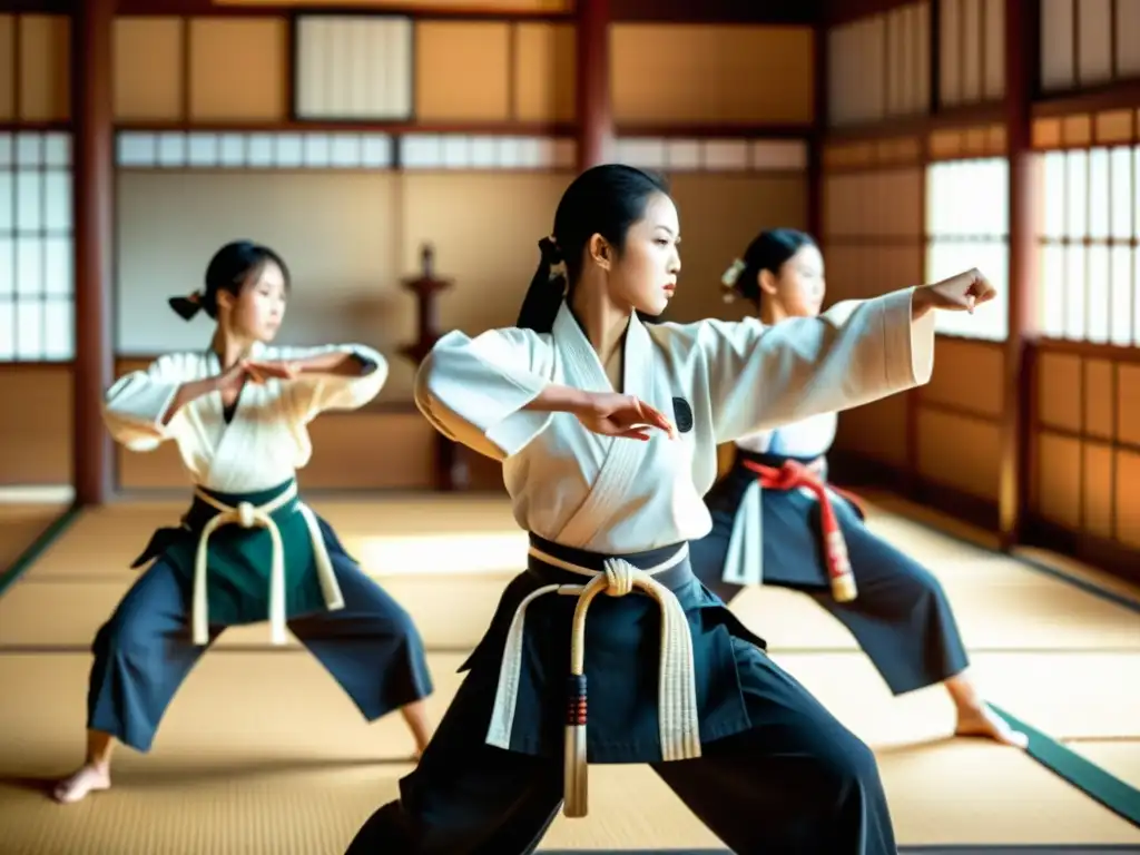 Mujeres samurái en el arte marcial: grupo concentrado en práctica con armas y atuendo tradicional en un dojo japonés