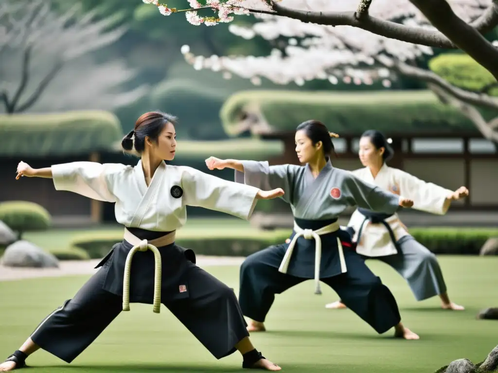 Mujeres samurái en el arte marcial: Grupo de mujeres practicando con determinación en un jardín japonés, rodeadas de árboles de cerezo en flor