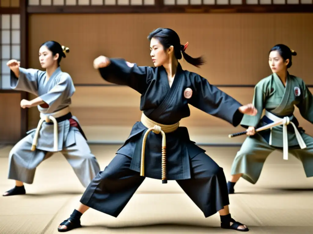 Mujeres samurái en el arte marcial: grupo practicando con gracia y determinación, destacando la fuerza y tradición japonesa