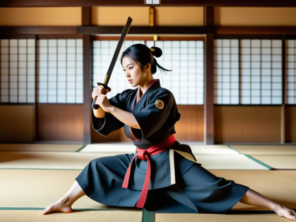 Mujeres samurái practicando el arte del Tanto con precisión y determinación en un tradicional dojo japonés