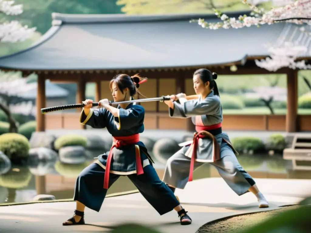 Mujeres samurai practican artes marciales con determinación en un dojo tradicional japonés, rodeadas de serenos jardines y cerezos en flor