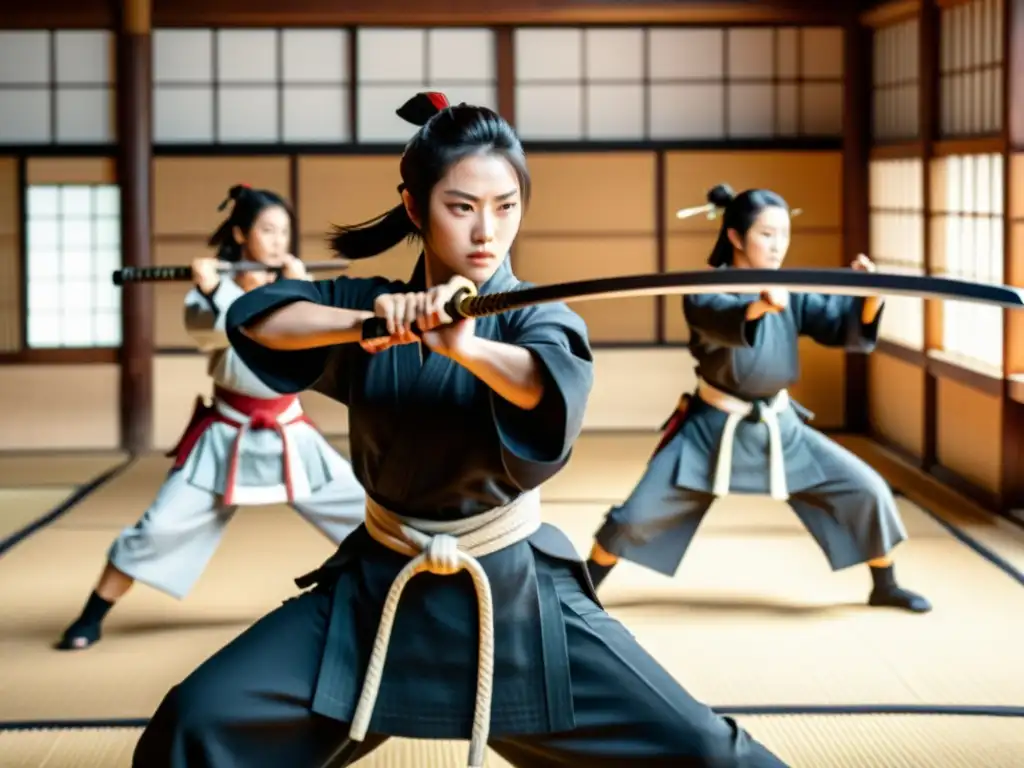 Mujeres samurái practicando artes marciales en un dojo tradicional, transmitiendo fuerza y disciplina