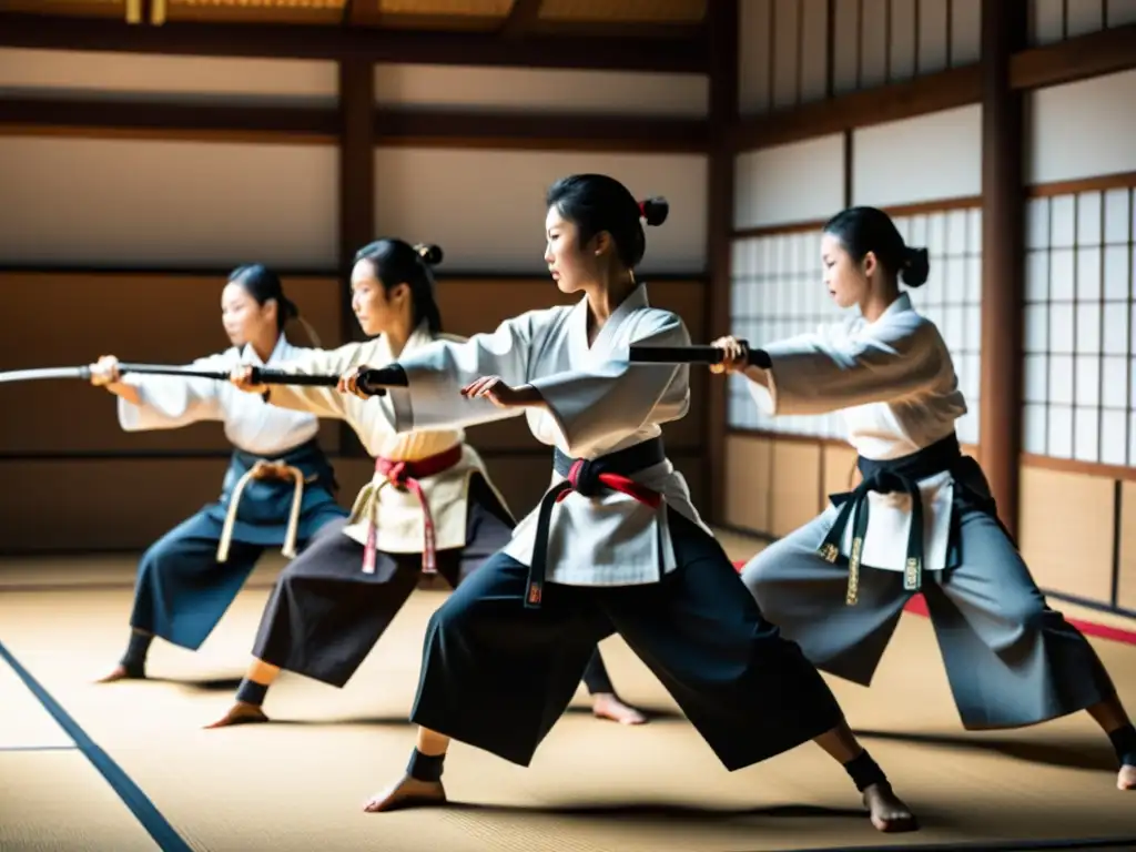 Mujeres samurái desafiando su destino, practicando artes marciales en un dojo tradicional, mostrando fuerza y determinación