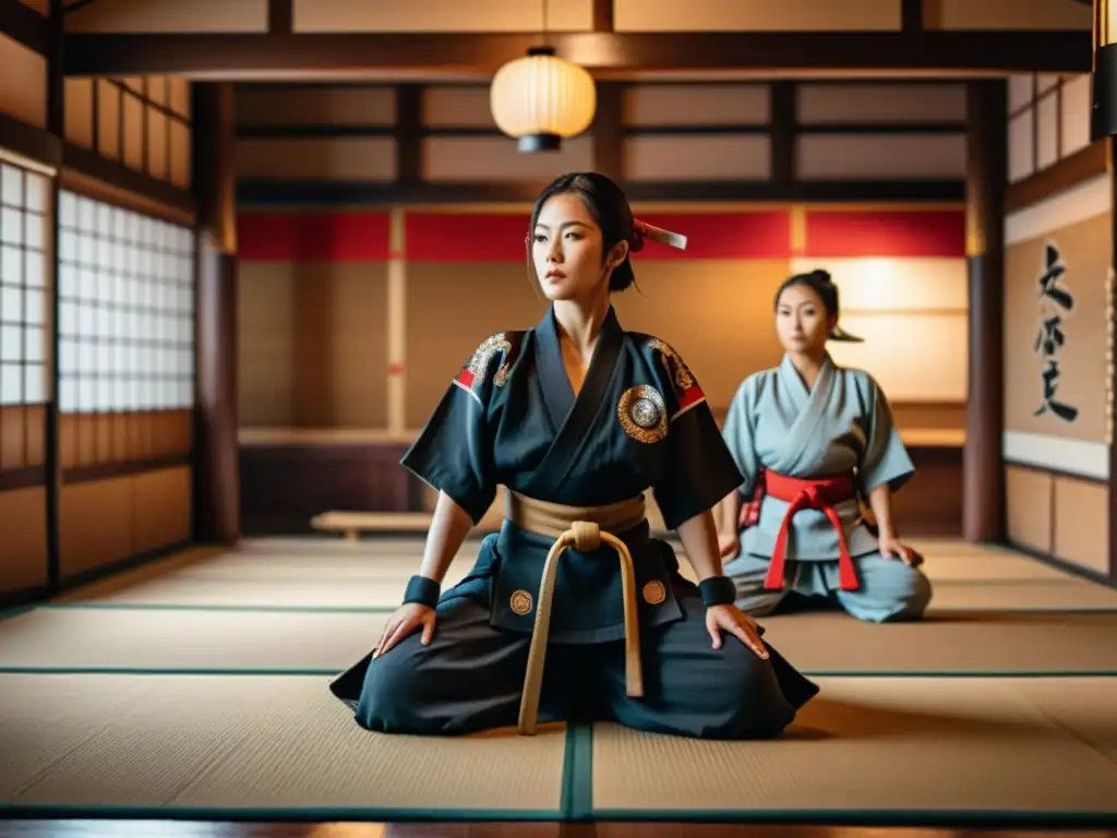 Mujeres samurái desafiando su destino en un dojo japonés, irradiando fuerza y determinación en su práctica de artes marciales