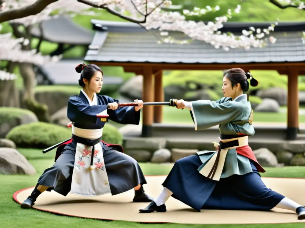 Mujeres samurái demostrando disciplina y destreza en el arte marcial en un jardín japonés, reflejando la vida mujeres sociedad samurái