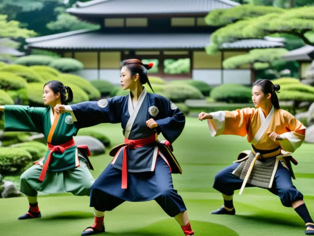 Mujeres samurái entrenando en un hermoso jardín japonés, mostrando fuerza y determinación en sus roles de la mujer samurái