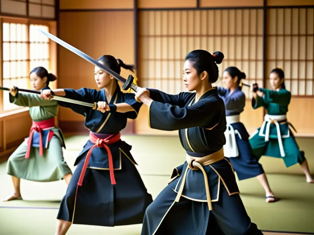 Mujeres samurái en la era moderna: Grupo de mujeres practicando esgrima samurái con determinación en un dojo tradicional