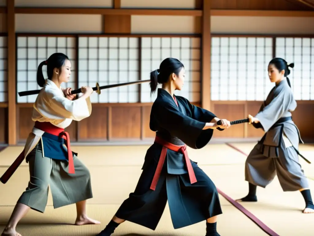 Mujeres samurái demostrando técnicas de combate con gracia y fuerza en un dojo japonés tradicional, destacando su legado