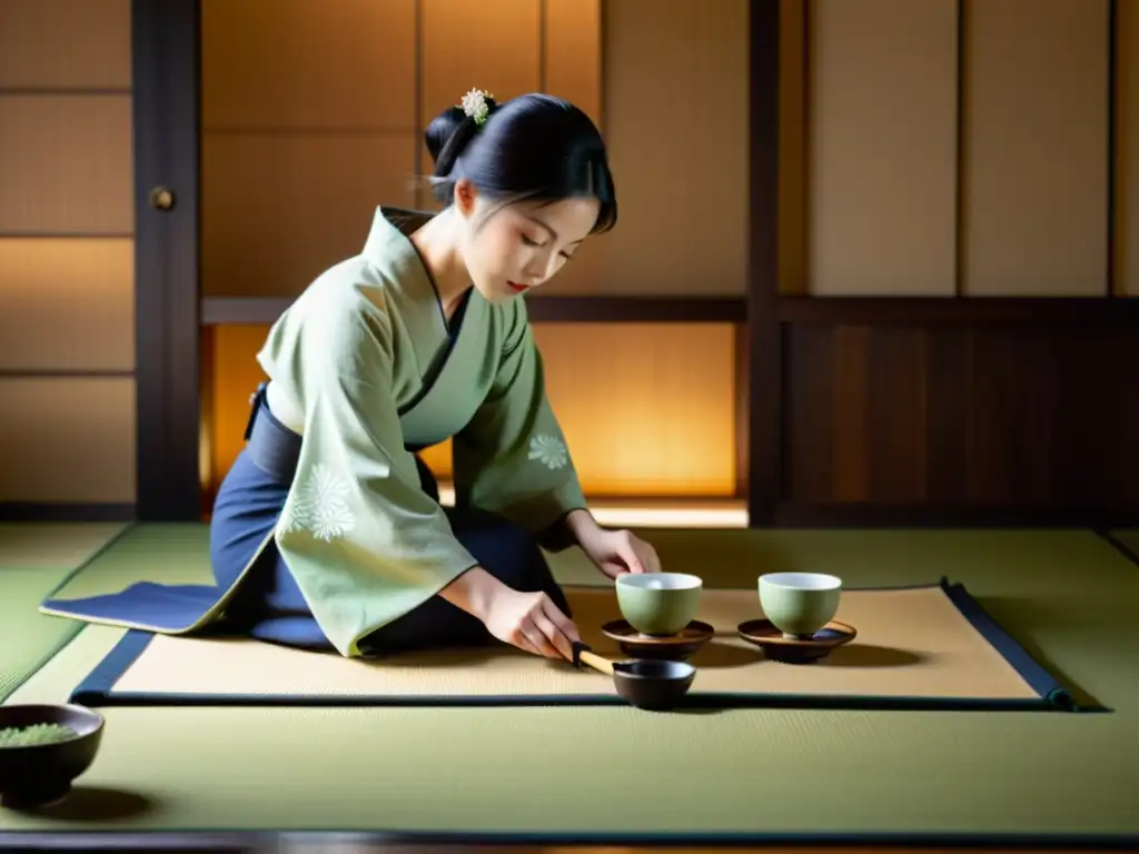 Dos mujeres samurái participan en una tranquila ceremonia del té en una habitación tatami, exudando serenidad y riqueza cultural