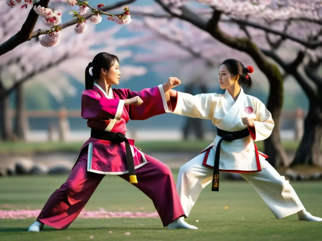 Mujeres samuráis en Japón feudal practicando artes marciales bajo los cerezos en flor, mostrando su destreza y fuerza