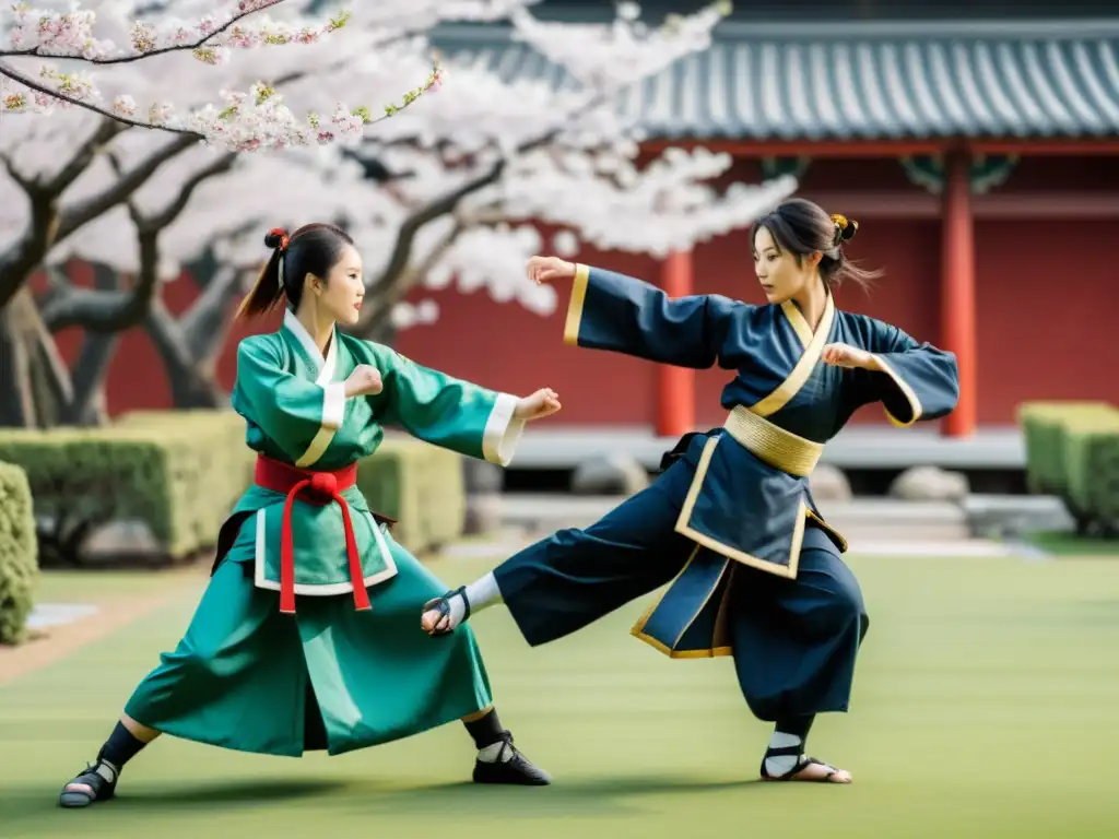 Mujeres samuráis en Japón feudal practicando artes marciales en un jardín japonés con cerezos en flor