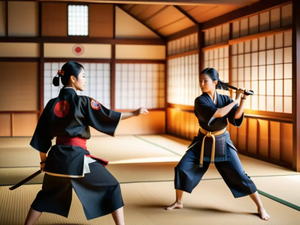 Entrenamiento de Onnabugeisha en el Dojo Japonés Mujeres samuráis entrenando en un dojo tradicional, reflejando la cultura samurái mujeres guerreras con determinación y fuerza