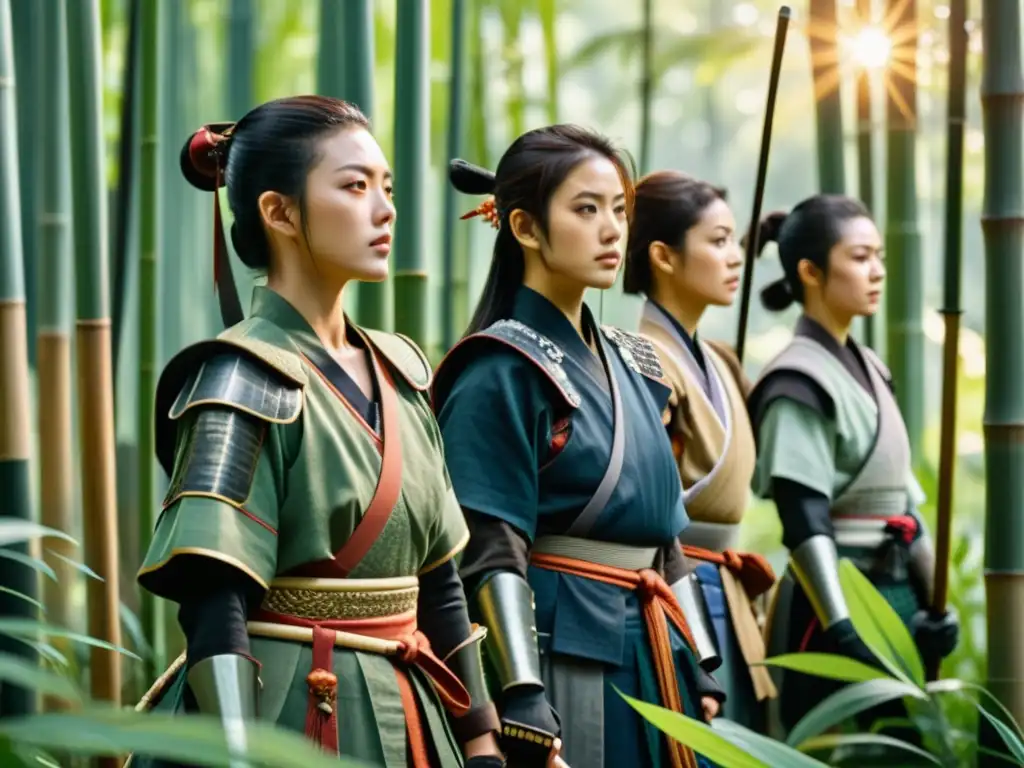 Mujeres samuráis en Japón feudal, paradas en un bosque de bambú con armaduras tradicionales, armas y un castillo japonés envuelto en neblina