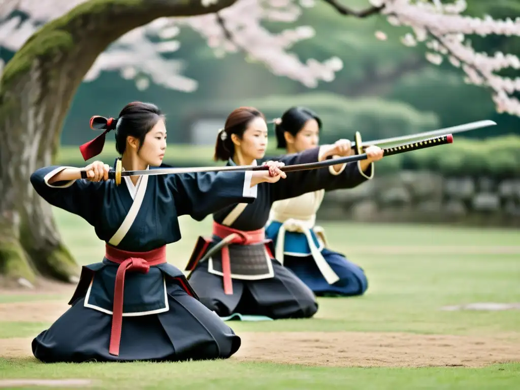 Mujeres en el Shogunato: Entrenamiento de samuráis entre cerezos en flor, mostrando fuerza, determinación y disciplina