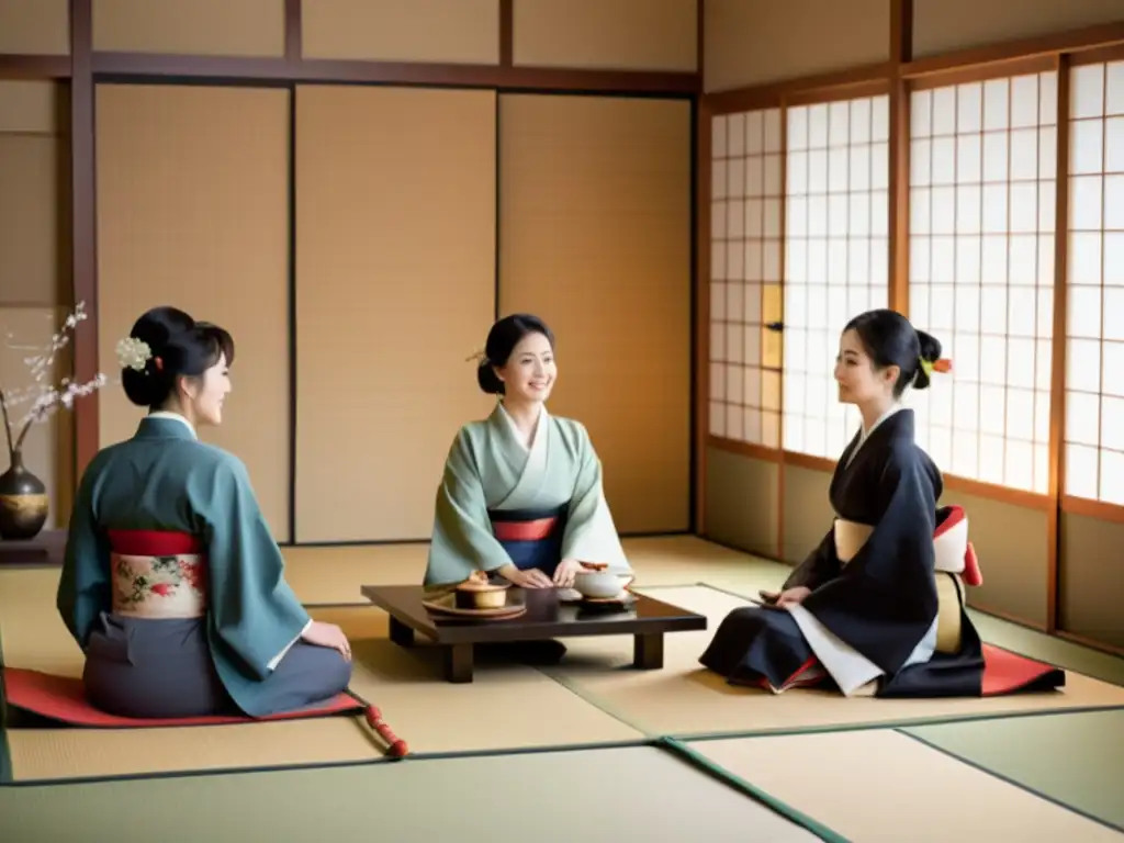 Mujeres en el Shogunato participan en una serena ceremonia del té en un elegante salón japonés tradicional