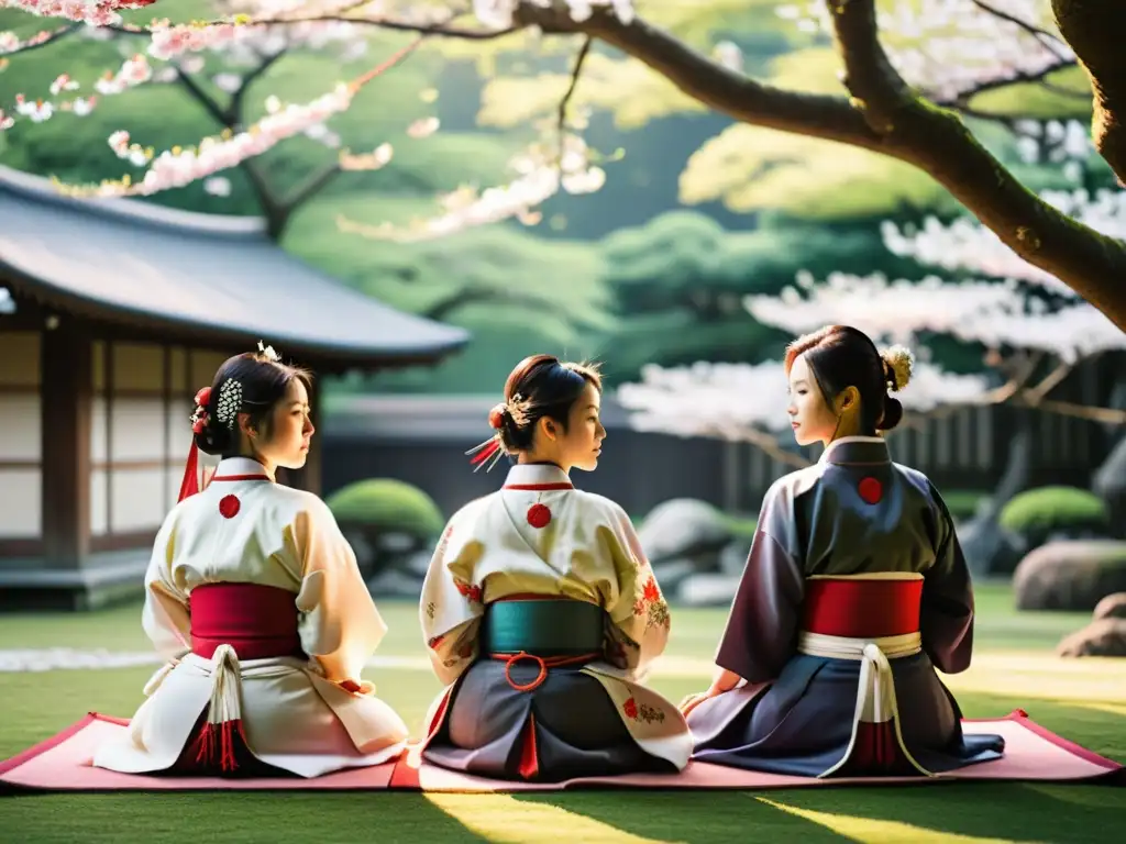 Mujeres en la sociedad samurái realizando ceremonia espiritual bajo cerezos en flor