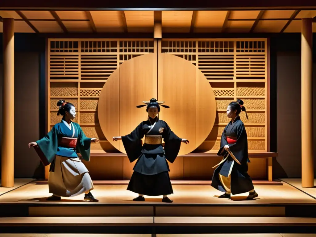 Representación de mujeres samurai en el teatro Noh, transmitiendo fuerza y gracia en un escenario tradicional con tallados de madera