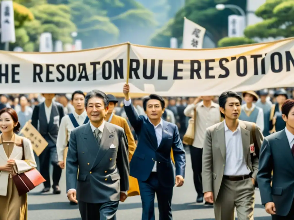 Multitud japonesa en protesta pacífica por la Restauración Imperial Japonesa, transmitiendo determinación y unidad histórica