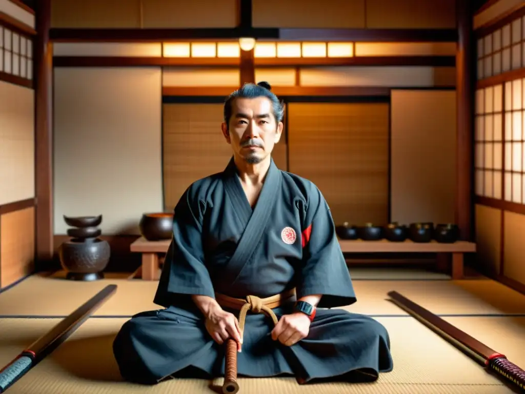 Musashi Miyamoto en dojo tradicional japonés rodeado de armas y filosofía ancestral