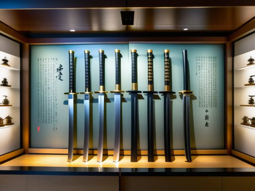 Un museo iluminado muestra una colección diversa de katanas elaboradamente detalladas