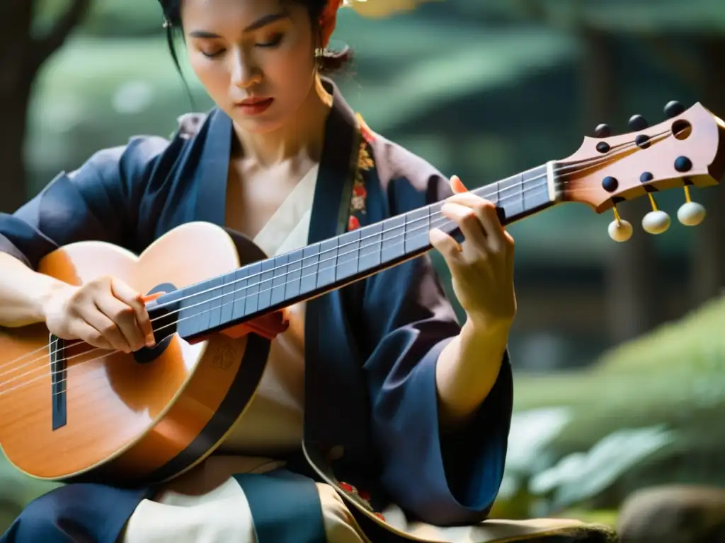 Un músico toca con intensidad un shamisen japonés en un jardín tranquilo, inspirando música de la cultura samurái