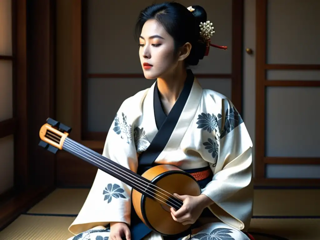 Un músico de shamisen japonés en kimono, reflejando la disciplina samurái