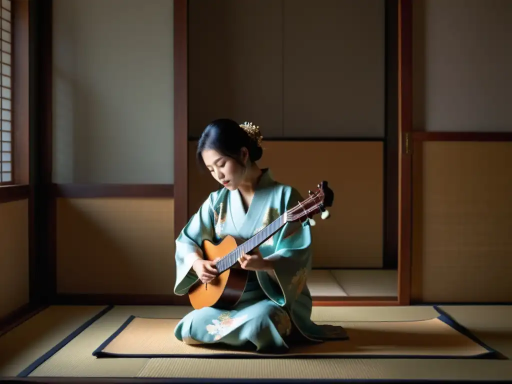 Un músico de shamisen en kimono, tocando con pasión en una habitación tradicional japonesa